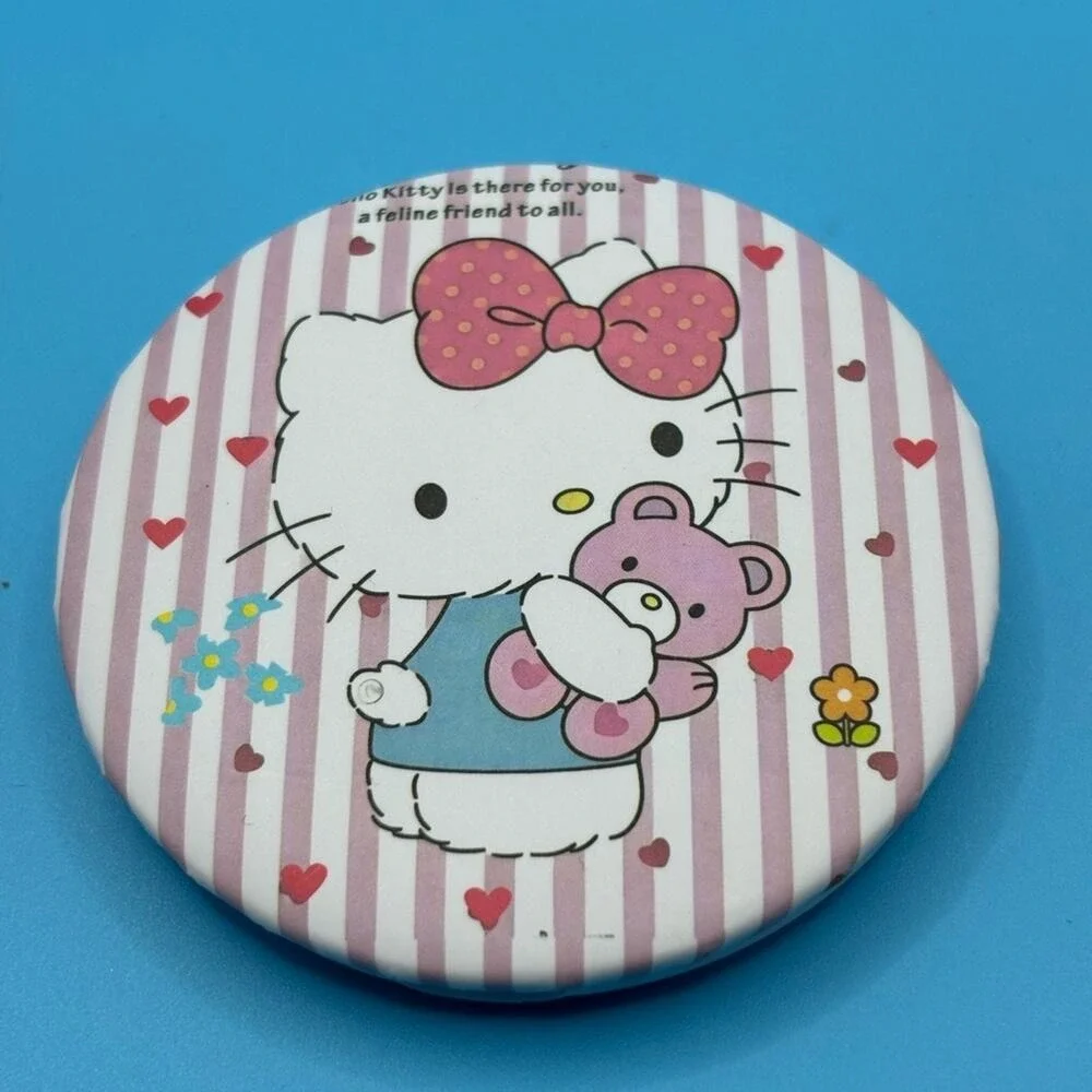 Sanrio Hello Kitty Compact Mirror Pink White Stripe Teddy Bear Dual Sided